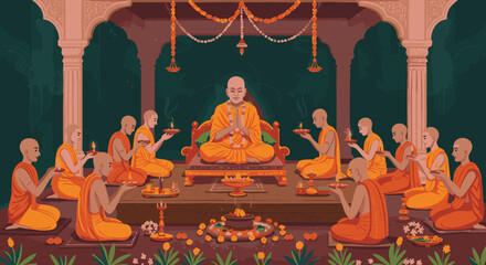 Hindu Guru and Disciples in Temple Spiritual Ceremony