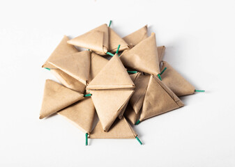A bunch of triangle firecrackers on the table. The danger of pyrotechnics, close-up