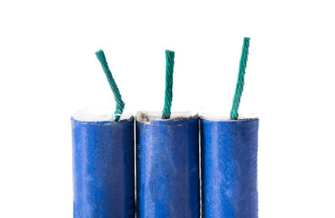 Three blue firecrackers with a wick, close-up. Safety concept for pyrotechnic explosions