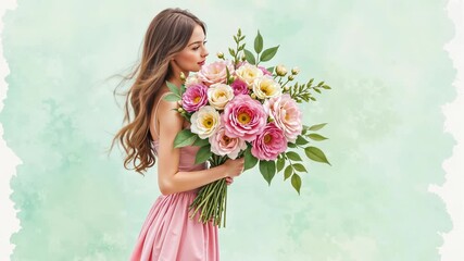 beautiful girl with a bouquet of flowers in a soft pink dress. video postcard for congratulations on February 14 or March 8, video background for advertising a flower shop