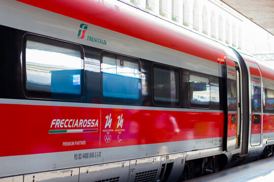 Trenitalia Frecciarossa ETR 1000 high-speed express trains on the platform at Roma Termini station in Rome, Italy.
