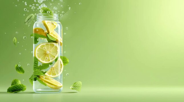 Fresh lemonade with lime and mint in a glass, a cold citrus drink with ice