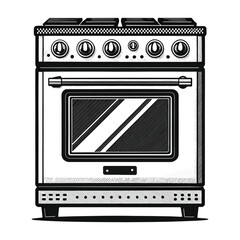 Monochromatic Illustration of a Freestanding Silhouette Oven with Stovetop Burners and a Handle-Adorned Door Design for Culinary Enthusiasts