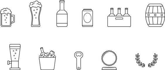 Beer Icon Set – Line Style Vector of Beer Glass, Bottle, Can, Tap, Barrel, and Bar Items