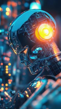 Artificial intelligence robot in futuristic cityscape at night with digital neon lights.