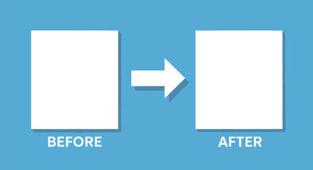 Vector art of a comparison of before and after with polaroid frames and a directional arrow, illustrating change and transformation