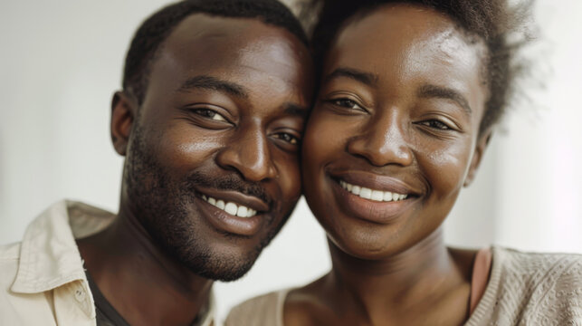Close-up of smiling couple embracing and looking into the camera with joy