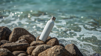 White reusable water bottle resting on rocks by the sea promoting sustainability