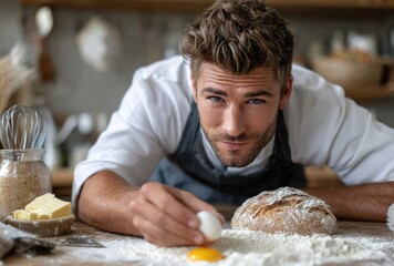A professional chef with an exaggerated expression of surprise, laying down dough on the counter in his kitchen while he makes bread and eggs fall from above him