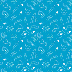 Seamless medical pattern with healthcare icons on blue background. Recolorable endless pattern with white line icons