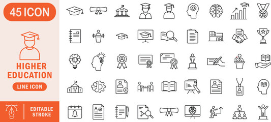 Higher Education Line Icon Set. Editable stroke icons for university, graduation, diploma, research, leadership, learning, online courses, and academic achievements. Ideal for web apps, e-learning pla