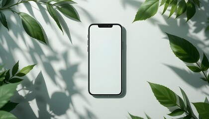 Blank smartphone screen mockup in a natural setting with shadows. Perfect for app display, product presentation, and digital design. Clean and versatile.