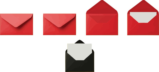 Vector art of a collection of red and black envelopes in various states of opening and closing on a yellow background represents different stages of mail delivery and communication
