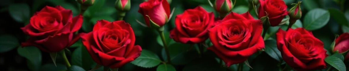 Fototapeta premium Elegant red rose bouquet with lush green foliage, macro, roses