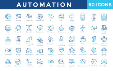 Naklejka premium Automation icons set with automation, robot arm, conveyor belt, machine learning, ai, iot, algorithm, script, sensor, control panel icon. Simple outline color vector 