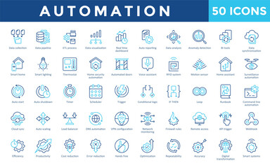 Automation icons set with data collection, data pipeline, etl process, data visualization, real time dashboard, auto reporting, data analysis, anomaly detection icon. Simple outline color vector 
