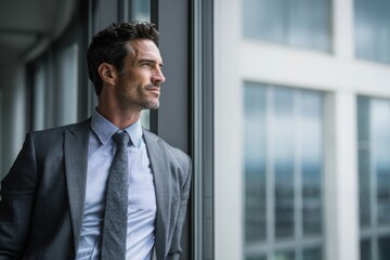Fototapeta premium Confident man in suit gazing out high-rise window, symbolizing ambition, planning, leadership, and future business opportunities.