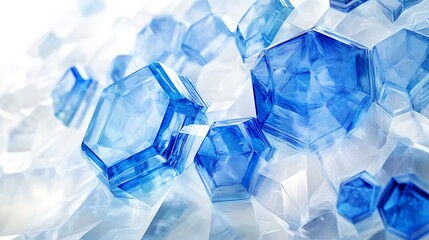 Transparent blue ice cubes create a cool, abstract background texture with frozen water reflections