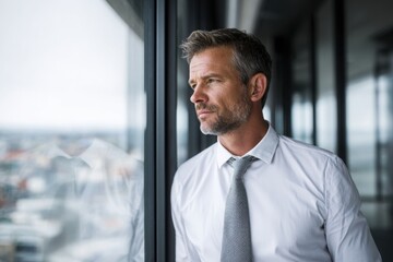 Fototapeta premium Confident man in suit gazing out high-rise window, symbolizing ambition, planning, leadership, and future business opportunities.