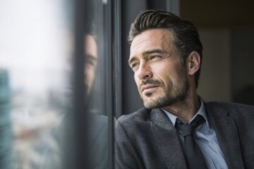 Naklejka premium Confident man in suit gazing out high-rise window, symbolizing ambition, planning, leadership, and future business opportunities.