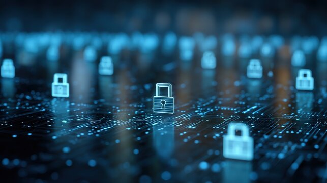 Cybersecurity Concept: Digital Padlocks on Circuit Board with Glowing Blue Metropolis, Data Protection Background