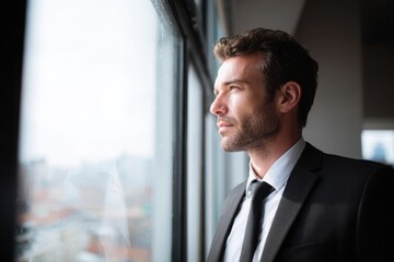 Fototapeta premium Confident man in suit gazing out high-rise window, symbolizing ambition, planning, leadership, and future business opportunities.