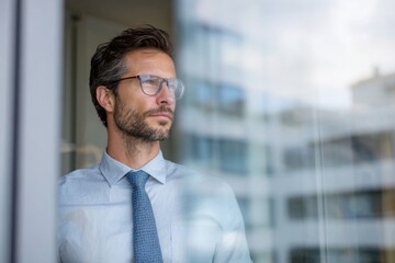 Fototapeta premium Confident man in suit gazing out high-rise window, symbolizing ambition, planning, leadership, and future business opportunities.