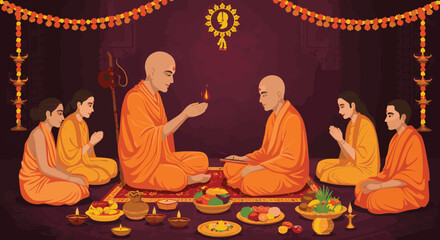 Fototapeta premium Traditional Spiritual Ceremony with Monks and Offerings