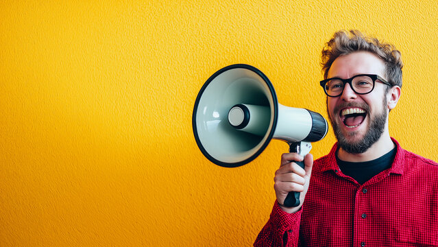 White male shouting into a megaphone, copy space - Powered by Adobe