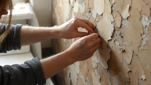 A person's hands meticulously inspect crumbling plaster on an interior wall, reflecting an environment in decay, and the imperative need for restoration.