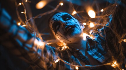 Eerie Portrait of a Person Enveloped in Holiday Lights and Shadows