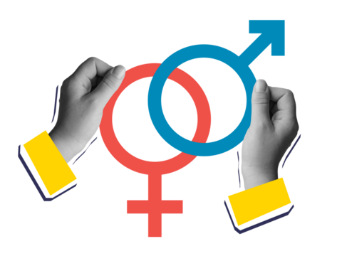 Black and white hands holding a gender female and male symbols. Venus and Mars signs in hands. Modern collage style. Illustration on transparent background