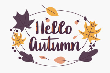 Ręcznie rysowany napis "Hello Autumn" w wieńcu z jesiennych liści. Sezonowa ilustracja idealna jako kartka lub na baner. © Henryk Guziak