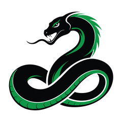 Cartoon Illustration of a Green Snake with Yellow Eyes and Spots coiled up, ready to strike with venomous fangs