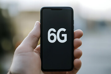 Hand holding a device displaying the 6G network. Illustrates tech connectivity and future mobile tech, on a black screen, showcasing the evolution of network technology.
