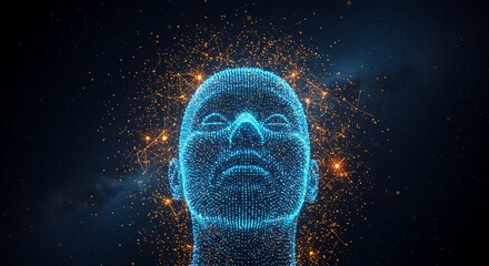 Futuristic concept of digital consciousness and artificial intelligence. A human head made of glowing blue and orange particles.