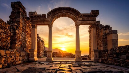Fototapeta premium Ancient ruins gateway at sunset