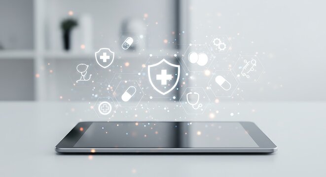 Future of healthcare and medical insurance. A digital tablet with a holographic interface showing health protection symbols.