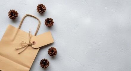 A brown paper shopping bag with a gift tag and pine cones lies on a textured surface