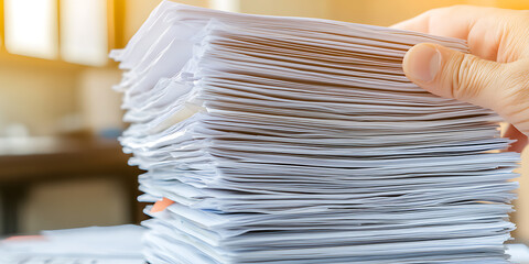 Towering stack of papers. A human hand appears to take on the responsibility of this mountain of documents. Paperwork in office.