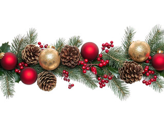 christmas garland border with ornaments and pine cones.