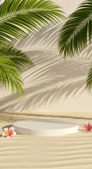 Obraz premium White podium with tropical leaves and flowers