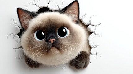 Cat is looking out of a hole in a wall. The cat is looking at the camera and he is sad