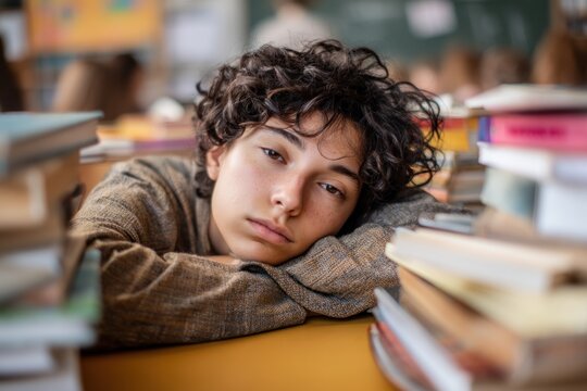 Tired student resting their head on books in a classroom - Powered by Adobe