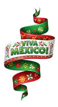 Whimsical ribbon banner with viva mexico text and floral designs.