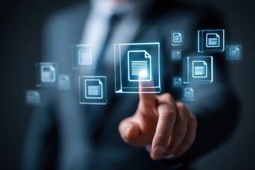 Businessman interacting with document on a touch screen