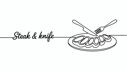 Elegant minimalist illustration of a steak with knife and fork dinner design food art vector design on white background