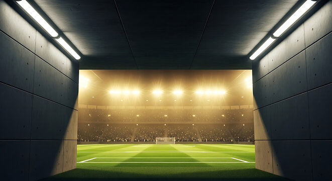 View from a dark concrete player's tunnel leading out to a brightly lit football stadium field at night.