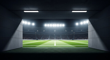 View from a dark tunnel onto an empty football stadium with a green pitch illuminated by bright lights.