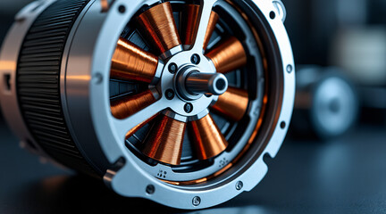 Obraz premium Close-up View of a Modern Electric Motor with Copper Windings and Industrial Design